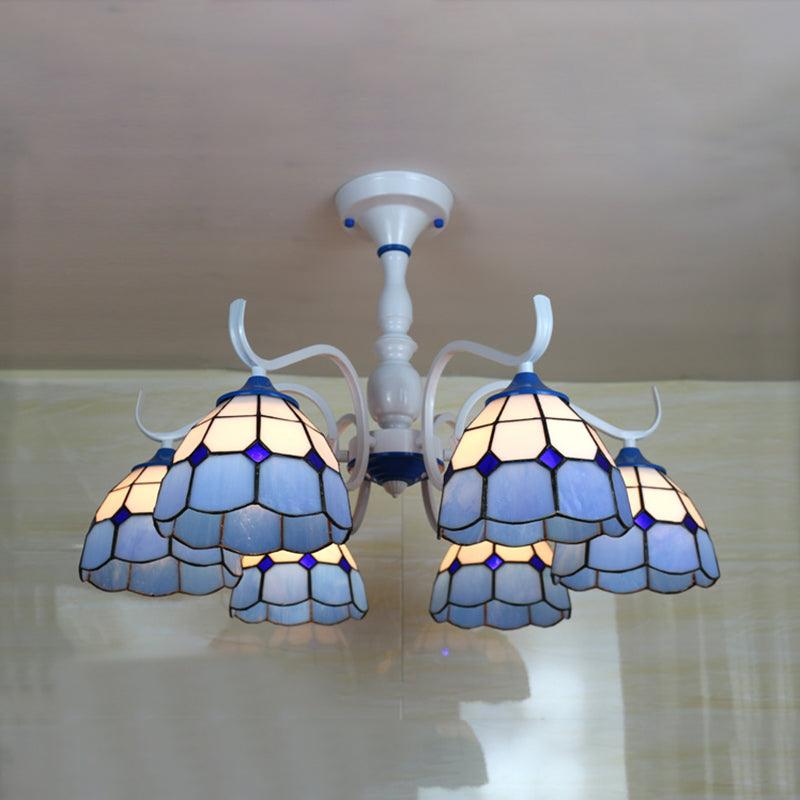 3/6 Lights Dome Semi Flush Light Stained Glass Tiffany Semi Flushmount in Blue Orange for Foyer - Rebooters
