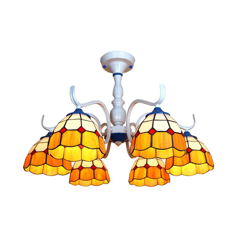3/6 Lights Dome Semi Flush Light Stained Glass Tiffany Semi Flushmount in Blue Orange for Foyer - Rebooters