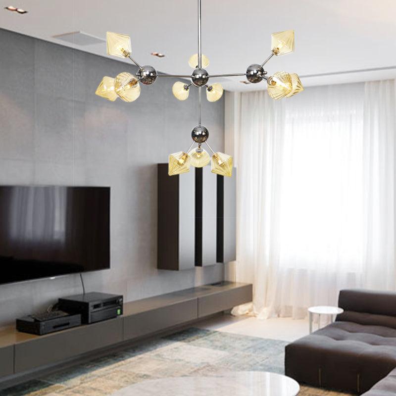 Amber Clear Glass Diamond Pendant Light Fixture 3 9 12 Bulbs 13 27.5 34 Width - Rebooters