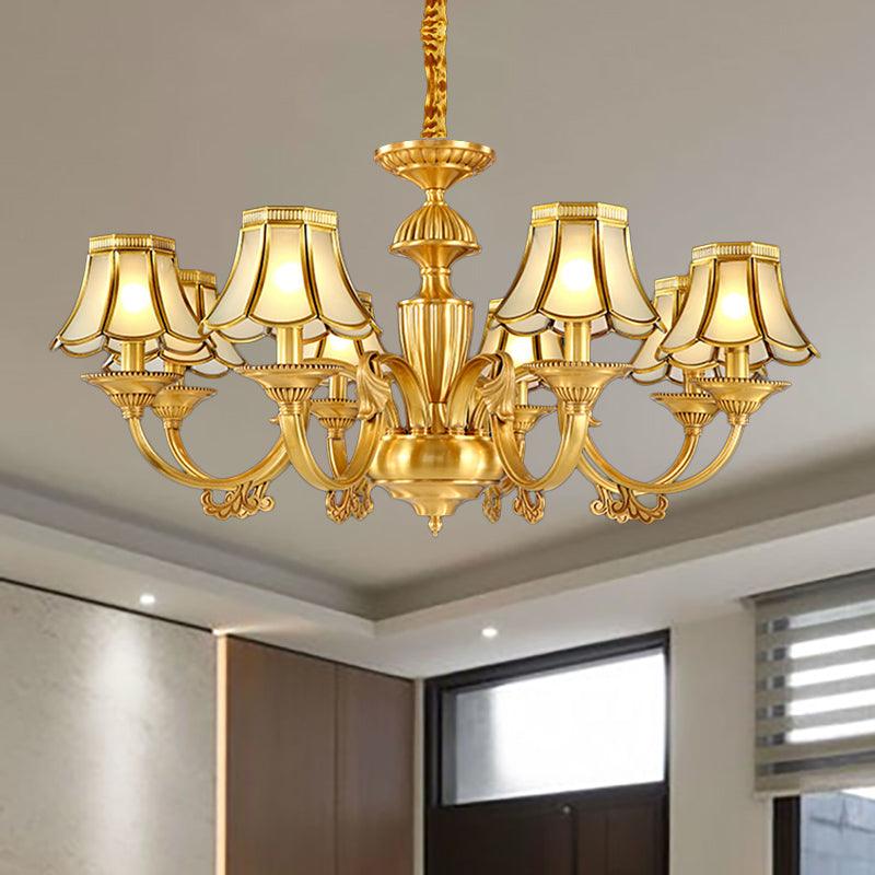 3/8 Lights Suspension Lighting Colonial Flared Frosted Glass Chandelier Pendant Lamp in Gold - Rebooters