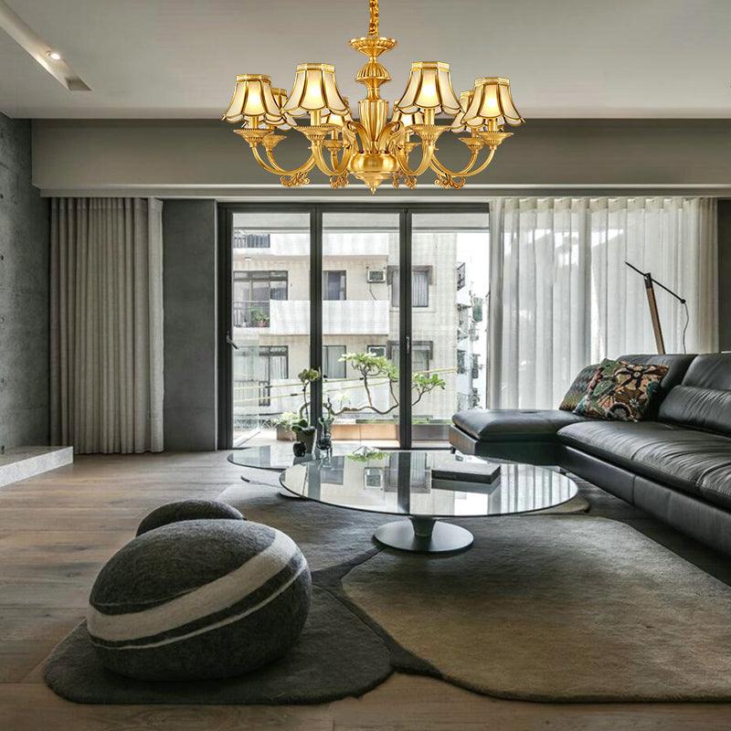 3/8 Lights Suspension Lighting Colonial Flared Frosted Glass Chandelier Pendant Lamp in Gold - Rebooters