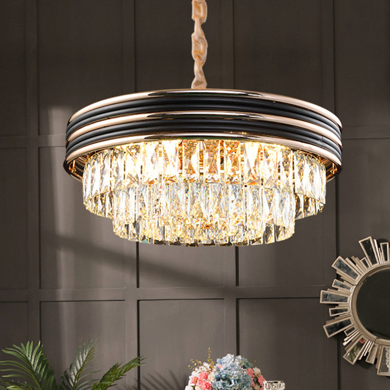 3-Tier Round Chandelier Light Modernism Crystal Block 21.5" Wide Black Pendant - Rebooters