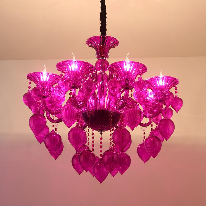Candelabra Crystal Drop Ceiling Light Traditional 6 Heads Chandelier in Blue Purple Red Crystal - Rebooters