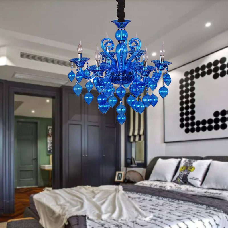 Candelabra Crystal Drop Ceiling Light Traditional 6 Heads Chandelier in Blue Purple Red Crystal - Rebooters