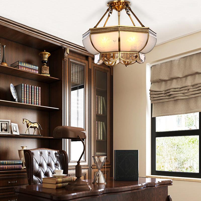 4 Bulbs Bowl Hanging Chandelier Colonial Brass Frosted Glass - Rebooters