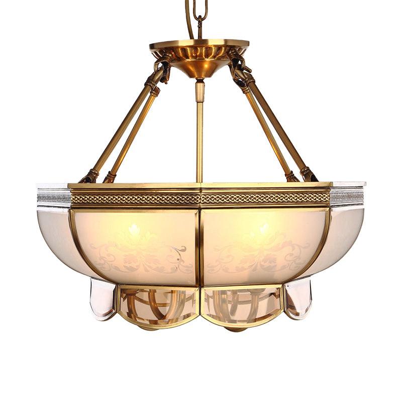 4 Bulbs Bowl Hanging Chandelier Colonial Brass Frosted Glass - Rebooters