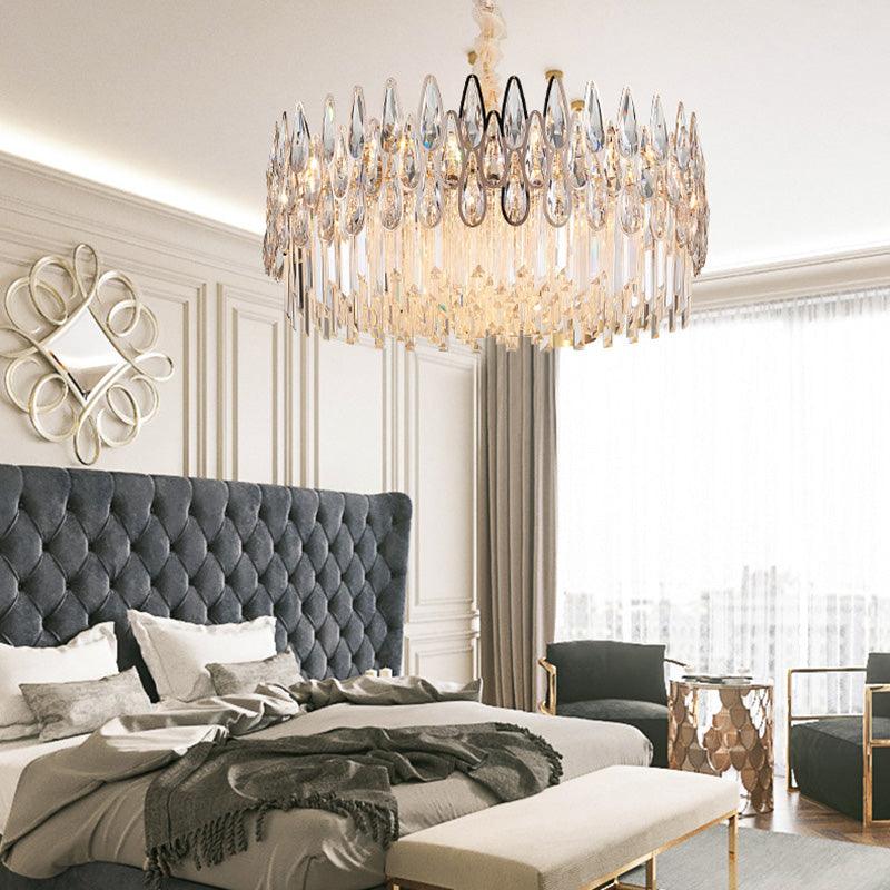 7 Heads Drum Chandelier Pendant Light Simple Clear Teardrop Crystal - Rebooters