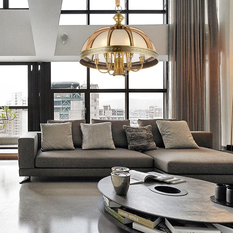 7 Bulbs Bowl Hanging Chandelier Colonial Brass Frosted Glass - Rebooters