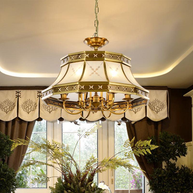 4 Bulbs Sandblasted Glass Chandelier Colonial Brass Bell - Rebooters