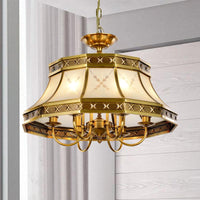 4 Bulbs Sandblasted Glass Chandelier Colonial Brass Bell - Rebooters