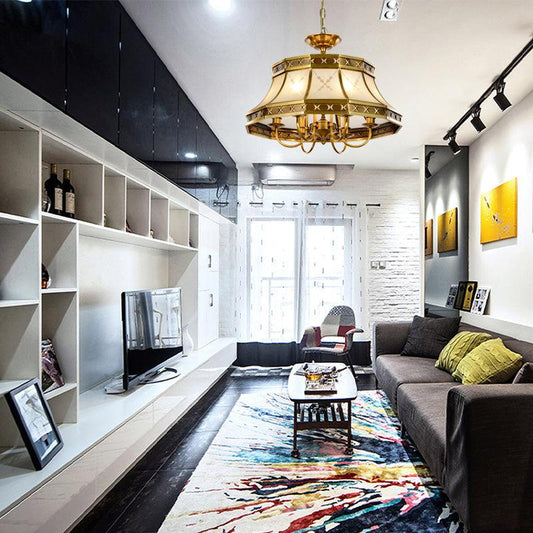 4 Bulbs Sandblasted Glass Chandelier Colonial Brass Bell - Rebooters