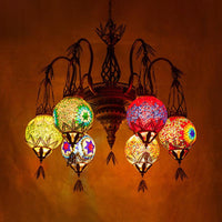 6 Lights Globe Hanging Chandelier Moroccan Brass Cut Glass - Rebooters