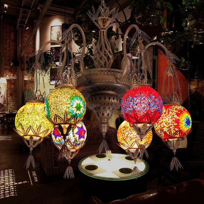 6 Lights Globe Hanging Chandelier Moroccan Brass Cut Glass - Rebooters