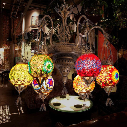 6 Lights Globe Hanging Chandelier Moroccan Brass Cut Glass - Rebooters