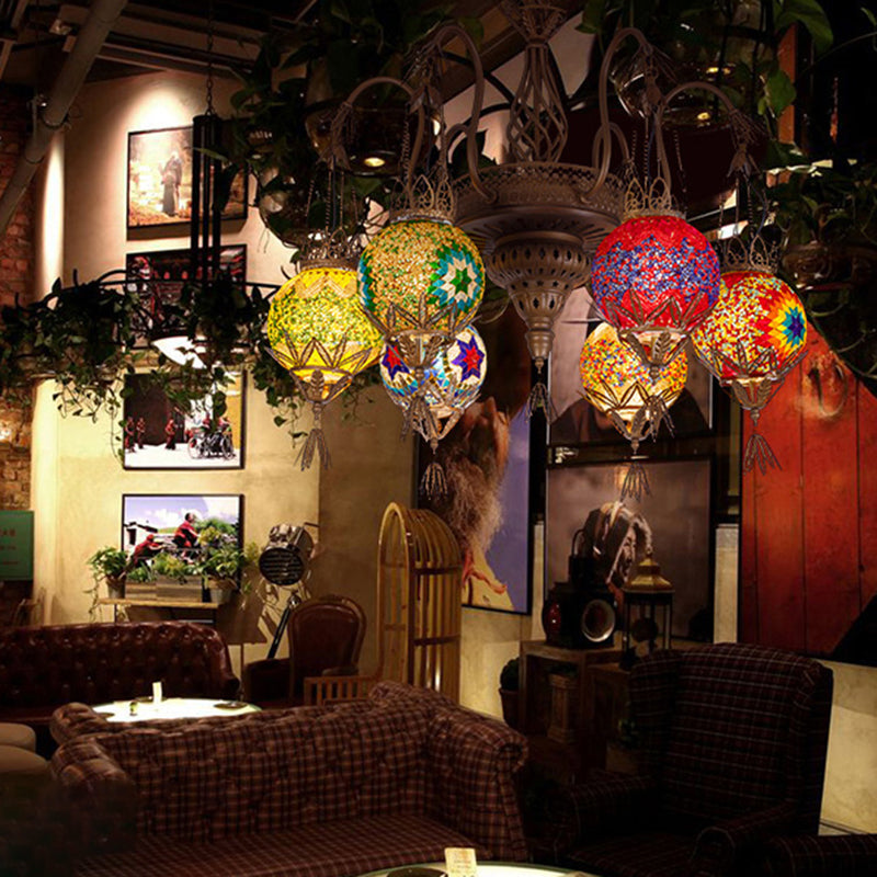 6 Lights Globe Hanging Chandelier Moroccan Brass Cut Glass - Rebooters