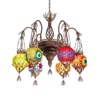 6 Lights Globe Hanging Chandelier Moroccan Brass Cut Glass - Rebooters