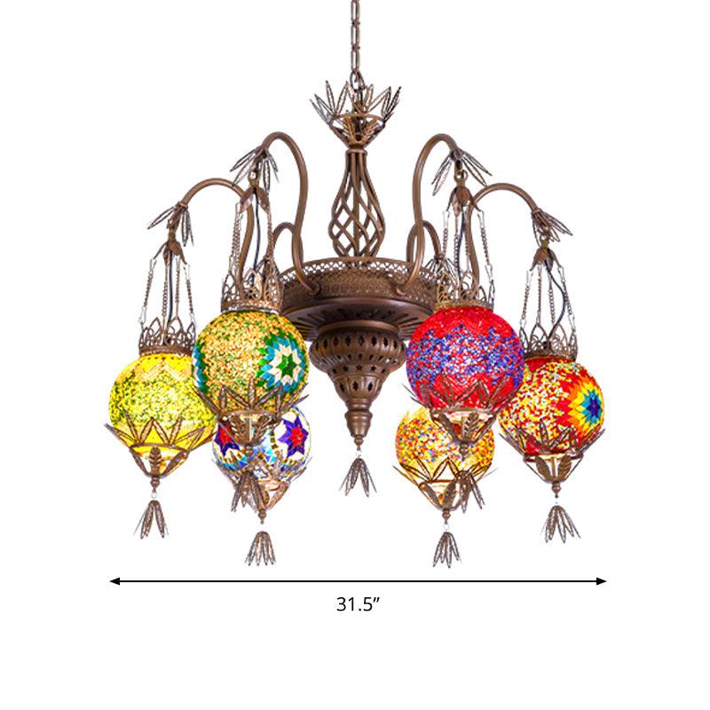 6 Lights Globe Hanging Chandelier Moroccan Brass Cut Glass - Rebooters