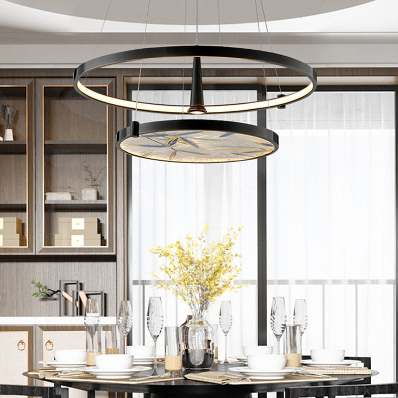 16"/23.5" Wide LED Frosted Glass Chandelier Lamp Classic Black Round Ceiling Pendant - Rebooters