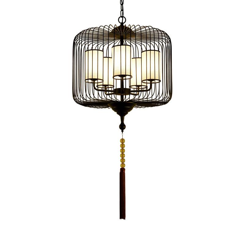 19.5"/23.5" Wide 5 Lights Metal Chandelier Light Fixture Traditional Black Cylinder Tea House Pendant - Rebooters