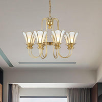 8 Lights Ceiling Chandelier Colonialism Flower White Frosted Glass Pendant Light in Gold - Rebooters