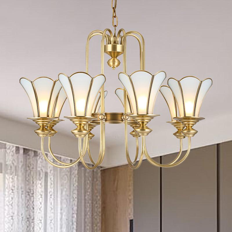 8 Lights Ceiling Chandelier Colonialism Flower White Frosted Glass Pendant Light in Gold - Rebooters