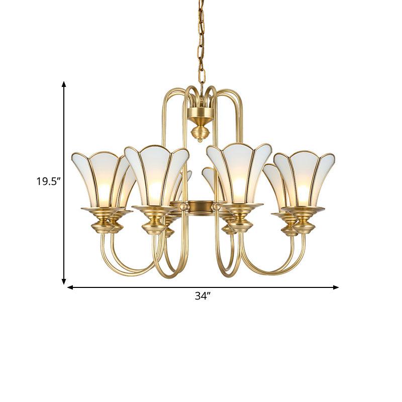 8 Lights Ceiling Chandelier Colonialism Flower White Frosted Glass Pendant Light in Gold - Rebooters