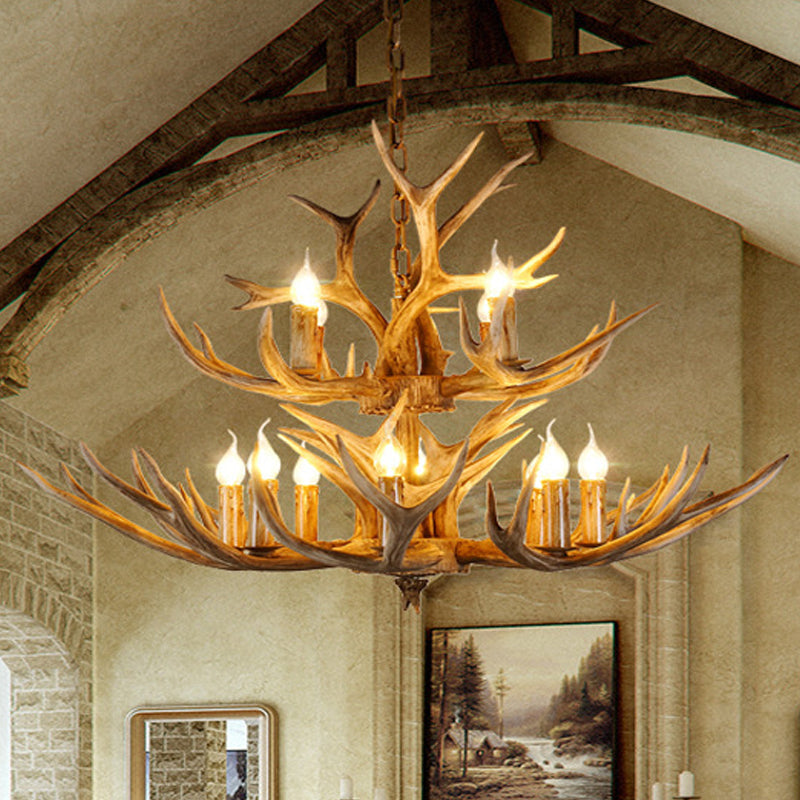 Resin Candle Shape Hanging Chandelier Farmhouse 12 Bulbs - Rebooters