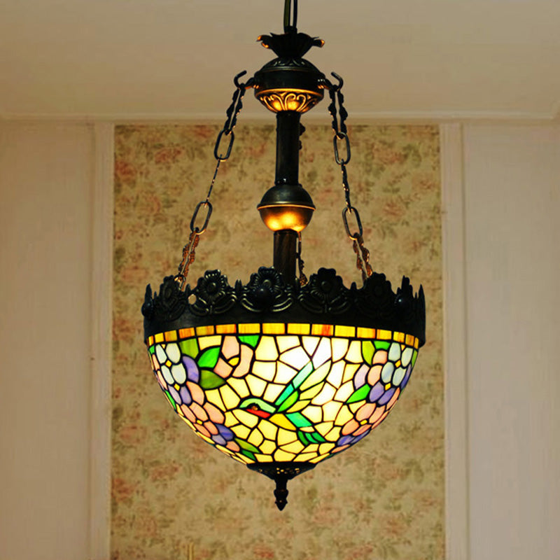 12 Inch 16 Inch Wide Antique Brass Floral Ceiling Chandelier Tiffany Style 3 Lights Stained Glass Hanging Lamp Kit - Rebooters