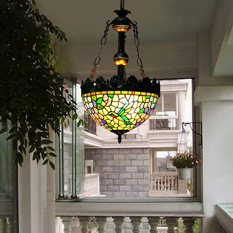 12 Inch 16 Inch Wide Antique Brass Floral Ceiling Chandelier Tiffany Style 3 Lights Stained Glass Hanging Lamp Kit - Rebooters