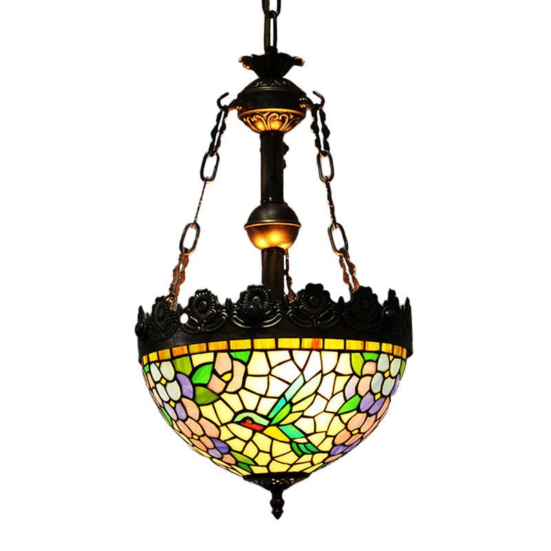 12 Inch 16 Inch Wide Antique Brass Floral Ceiling Chandelier Tiffany Style 3 Lights Stained Glass Hanging Lamp Kit - Rebooters