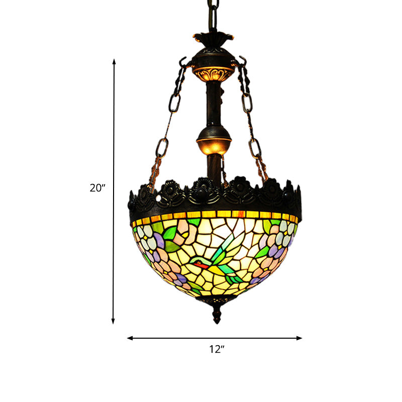 12 Inch 16 Inch Wide Antique Brass Floral Ceiling Chandelier Tiffany Style 3 Lights Stained Glass Hanging Lamp Kit - Rebooters