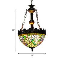12 Inch 16 Inch Wide Antique Brass Floral Ceiling Chandelier Tiffany Style 3 Lights Stained Glass Hanging Lamp Kit - Rebooters