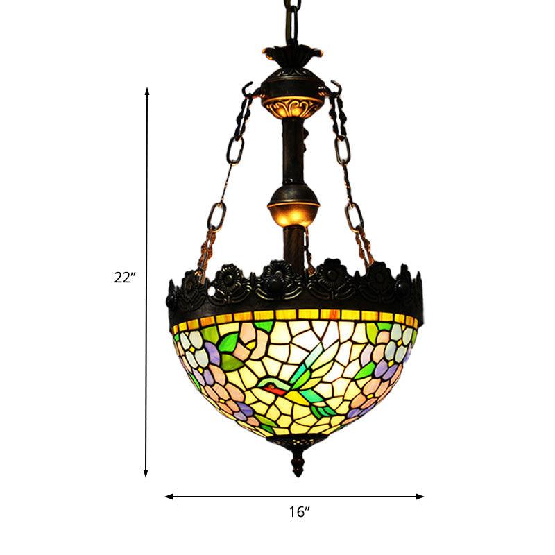 12 Inch 16 Inch Wide Antique Brass Floral Ceiling Chandelier Tiffany Style 3 Lights Stained Glass Hanging Lamp Kit - Rebooters