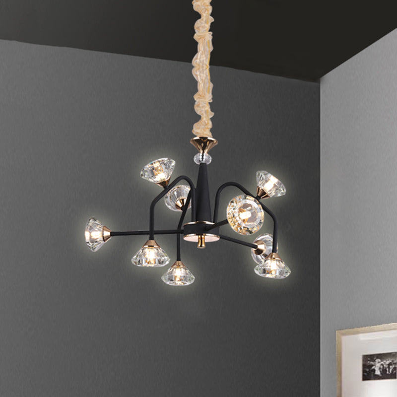 Black 9/12 Lights Chandelier Light Modern Pyramid Crystal Curved Arm - Rebooters