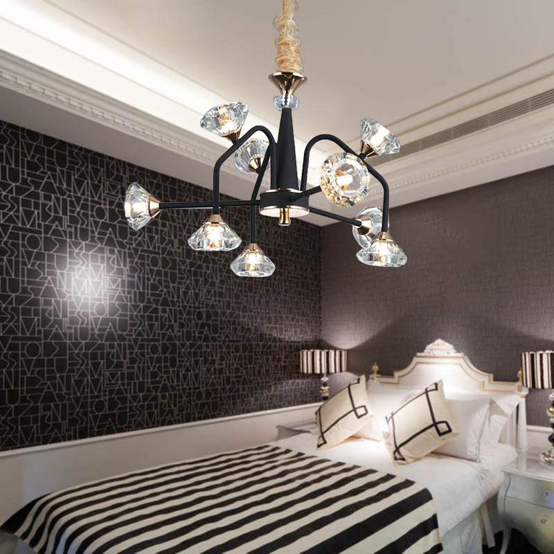Black 9/12 Lights Chandelier Light Modern Pyramid Crystal Curved Arm - Rebooters