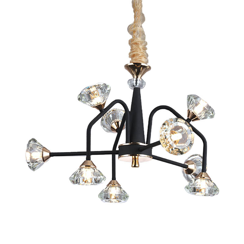 Black 9/12 Lights Chandelier Light Modern Pyramid Crystal Curved Arm - Rebooters