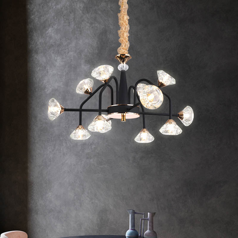 Black 9/12 Lights Chandelier Light Modern Pyramid Crystal Curved Arm - Rebooters