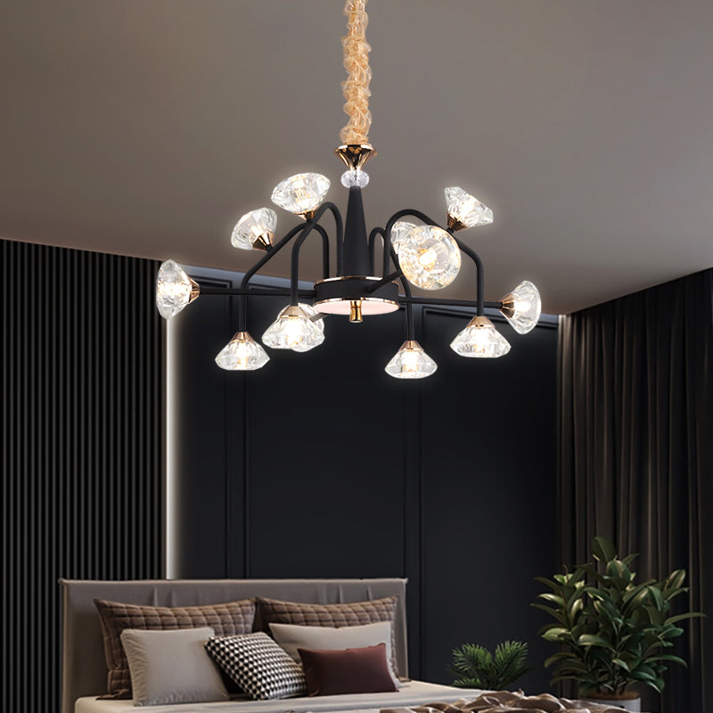Black 9/12 Lights Chandelier Light Modern Pyramid Crystal Curved Arm - Rebooters
