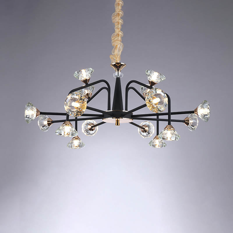 Black 9/12 Lights Chandelier Light Modern Pyramid Crystal Curved Arm - Rebooters