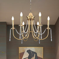 6 Heads Crystal Strand Hanging Light Postmodern Gold Chandelier - Rebooters