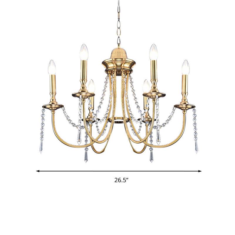 6 Heads Crystal Strand Hanging Light Postmodern Gold Chandelier - Rebooters