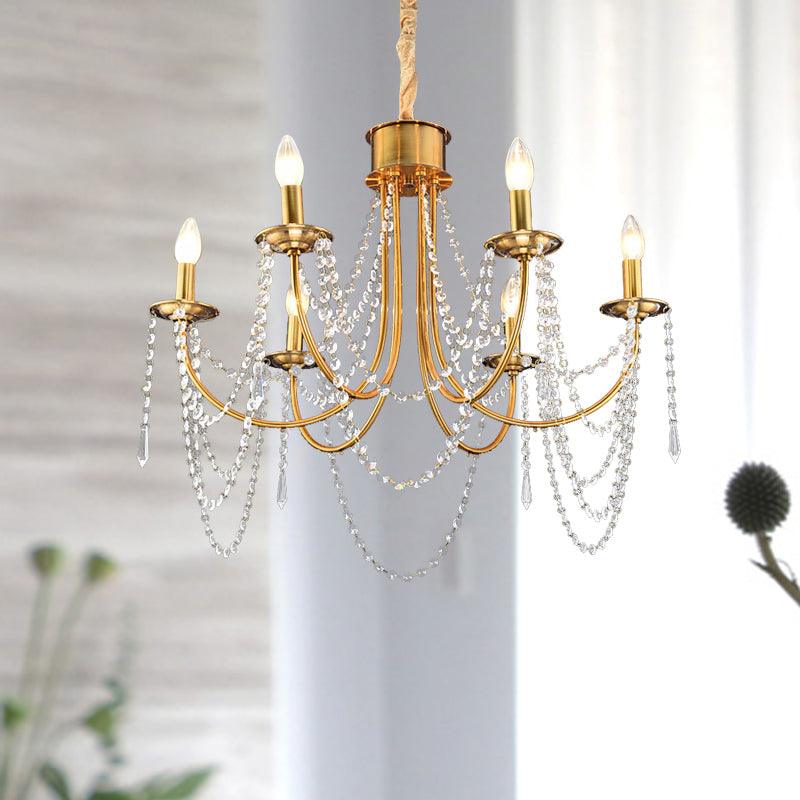 6 Heads Candle Style Ceiling Pendant Light Modern Gold Crystal Beaded Chandelier - Rebooters