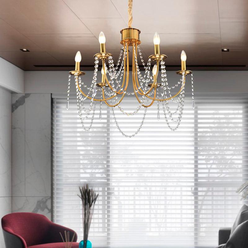 6 Heads Candle Style Ceiling Pendant Light Modern Gold Crystal Beaded Chandelier - Rebooters