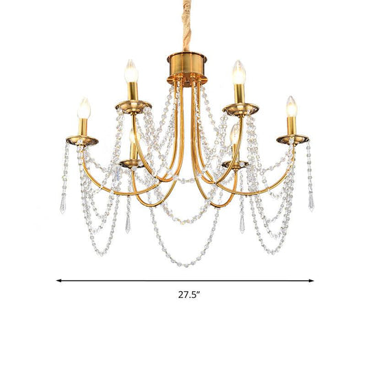 6 Heads Candle Style Ceiling Pendant Light Modern Gold Crystal Beaded Chandelier - Rebooters