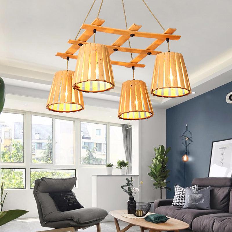 Beige Barrel Pendant Chandelier Modern 4 Lights Wood Ceiling Light - Rebooters