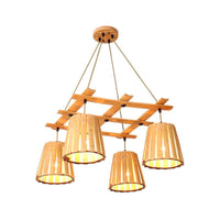 Beige Barrel Pendant Chandelier Modern 4 Lights Wood Ceiling Light - Rebooters