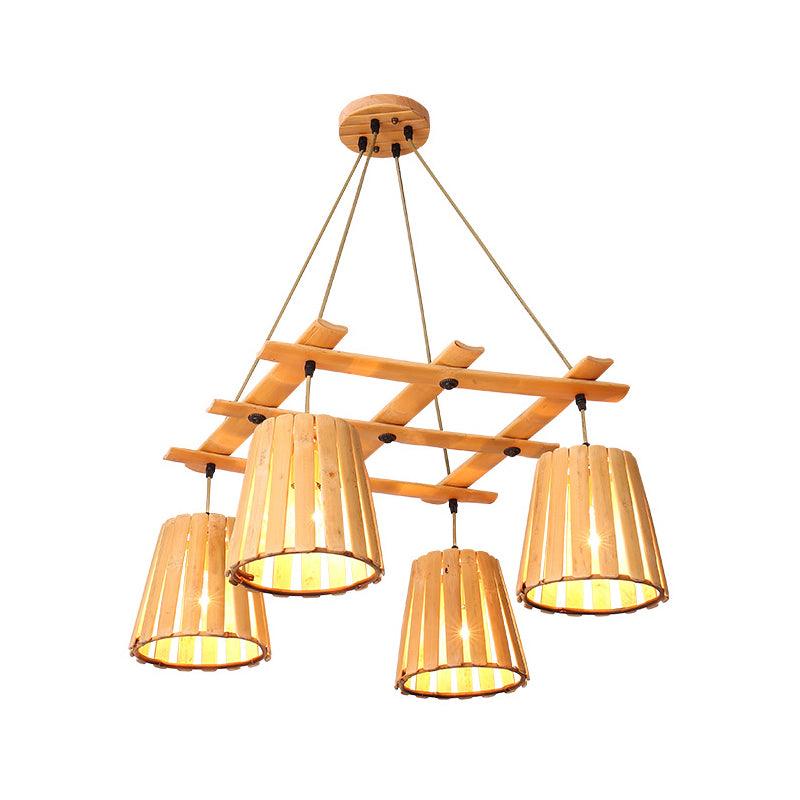 Beige Barrel Pendant Chandelier Modern 4 Lights Wood Ceiling Light - Rebooters