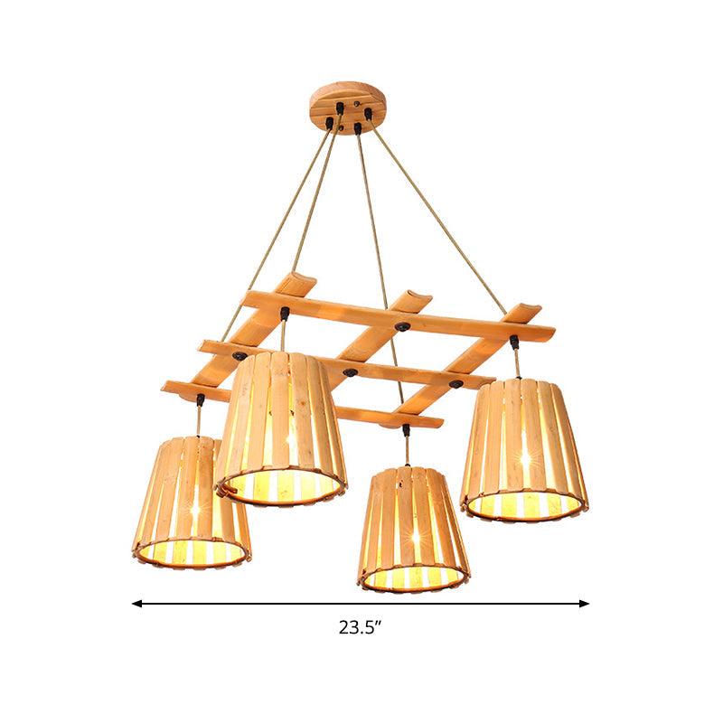 Beige Barrel Pendant Chandelier Modern 4 Lights Wood Ceiling Light - Rebooters