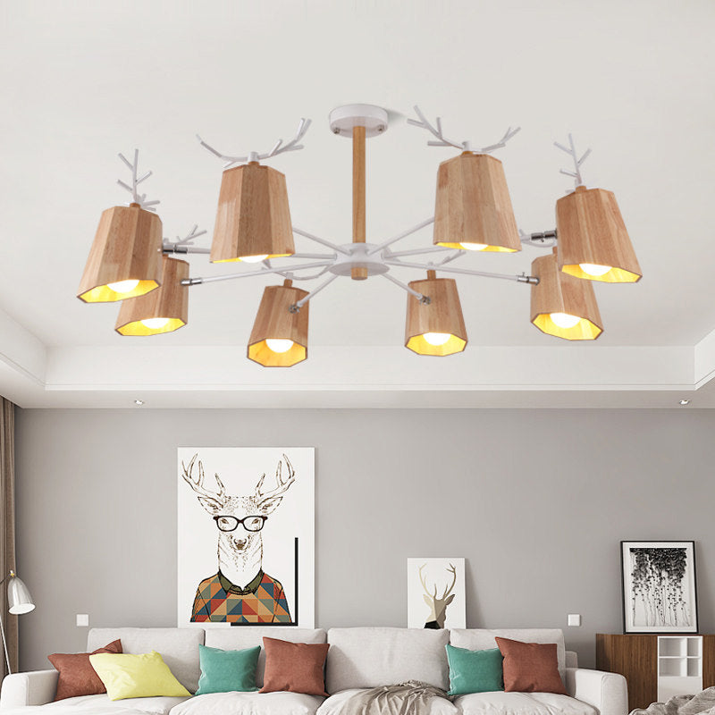 Nordic Beveled Hanging Light Wood 3/8 Heads Chandelier Beige - Rebooters