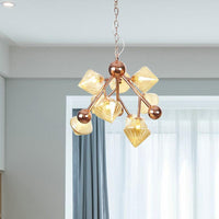 9 Lights Ribbed Glass Hanging Chandelier Vintage Clear/Amber Prism Dining Room Pendant Light - Rebooters